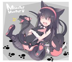  1girl :d ^_^ animal_ears armor bandages bare_shoulders black_hair bone closed_eyes eating fang fireflysnow food hairband hug long_hair meat monster monster_hunter nargacuga nargacuga_(armor) navel open_mouth paws sitting smile steak tail 