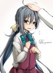  1girl ahoge black_eyes blush commentary_request flying_sweatdrops fuyu_mi grey_hair hand_on_another&#039;s_head kantai_collection kiyoshimo_(kantai_collection) long_hair school_uniform solo_focus twintails twitter_username very_long_hair 