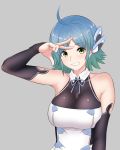  1girl ahoge bare_shoulders blue_hair blush breasts detached_sleeves dream_c_club green_eyes grey_background grin hakuduki18 large_breasts looking_at_viewer nonono_(dream_c_club) short_hair smile solo upper_body v 