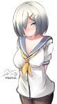  1girl 2015 arms_behind_back artist_name black_legwear blue_eyes blush breasts collarbone cowboy_shot dated hair_ornament hair_over_one_eye hairclip hamakaze_(kantai_collection) kantai_collection large_breasts looking_at_viewer neckerchief nekobaka pantyhose school_uniform serafuku short_hair silver_hair simple_background sketch solo twitter_username white_background 