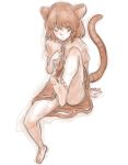  1girl animal_ears bare_legs barefoot cape cat_ears dress highres kuro_suto_sukii mouse_ears mouse_tail nazrin one_eye_closed outstretched_leg restricted_palette sitting solo tail touhou 