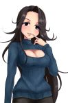  1girl artist_request black_hair breasts cleavage cleavage_cutout highres idolmaster idolmaster_cinderella_girls long_hair open-chest_sweater ribbed_sweater simple_background solo sweater takahashi_reiko turtleneck violet_eyes 