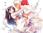  1boy 1girl archer black_hair blue_eyes carrying dark_skin dress fate/stay_night fate_(series) long_hair princess_carry smile toosaka_rin twintails two_side_up white_hair 