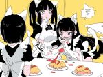  3girls aano_(10bit) anger_vein animal_ears apron black_hair blue cat_ears cat_tail clenched_teeth fake_animal_ears fake_tail food ketchup maid maid_apron multiple_girls naishi-chan omurice open_mouth original sharp_teeth short_hair sweatdrop tail twintails white_background 