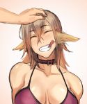  1boy 1girl animal_ears blush breasts brown_hair cleavage closed_eyes collar collarbone food grin jerky jonasan long_hair original petting smile 