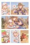  blonde_hair blue_eyes brown_hair cactus chibi comic cowboy_hat crossed_fingers crying desert goggles_on_hat green_eyes gyro_zeppeli hat heart highres jar johnny_joestar jojo_no_kimyou_na_bouken long_hair mountain ninetin speech_bubble spill steel_ball_run stuffed_animal stuffed_toy teddy_bear 