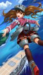  1girl :d abazu-red aircraft_carrier blue_sky brown_eyes brown_hair coast dutch_angle flying from_behind highres island japanese_clothes kantai_collection kariginu long_hair long_sleeves looking_at_viewer looking_back machinery mecha_musume ocean open_mouth outdoors outstretched_arms pleated_skirt ryuujou_(kantai_collection) ship skirt sky smile solo twintails visor_cap warship 
