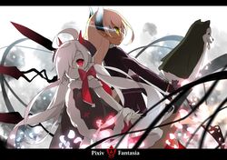  2girls ahoge blonde_hair dark_skin dog fingerless_gloves gloves gradient_hair hair_over_one_eye horns long_hair low_twintails multicolored_hair multiple_girls pale_skin petals pixiv_fantasia pixiv_fantasia_t pointy_ears red_eyes red_ribbon ribbon saru tongue tongue_out twintails white_hair yellow_eyes 