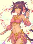  1girl animal_ears bare_shoulders cat_ears cat_tail detached_sleeves earrings fang final_fantasy final_fantasy_xiv hair_ribbon harem_outfit jewelry midriff miqo&#039;te momoko_(momopoco) navel open_mouth petals ponytail purple_hair ribbon skirt slit_pupils smile solo tail tiara yellow_eyes 