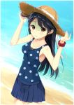  1girl ahoge artist_request black_hair breasts hat highres kantai_collection long_hair polka_dot skirt smile solo sun_hat swimsuit ushio_(kantai_collection) 