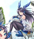  2girls :d ;d a-na black_hair black_legwear blue_eyes brass_knuckles china_dress chinese_clothes dragon_girl dragon_horns dragon_tail dual_persona head_fins horns karin_(p&amp;d) long_hair multiple_girls one_eye_closed open_mouth pantyhose parody puzzle_&amp;_dragons smile spikes tail water waterfall weapon 