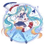  1girl blonde_hair blue_eyes blue_hair blue_legwear blue_skirt bow bubble chobi_(penguin_paradise) fish_hair_ornament flag gradient_hair hair_bow hair_ornament hat hatsune_miku long_hair looking_at_viewer midriff multicolored_eyes multicolored_hair multicolored_legwear navel sailor_collar sailor_hat skirt sleeveless smile solo thigh-highs twintails very_long_hair vocaloid zettai_ryouiki 