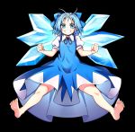  1girl absurdres baba_(baba_seimaijo) barefoot blue_eyes blue_hair bow cirno clenched_hands dress grin hair_bow highres ice ice_wings ribbon short_hair smile solo touhou wings 