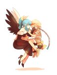  1boy 1girl bare_shoulders blonde_hair blue_hair chain collar colored_eyelashes dizzy guilty_gear guilty_gear_xrd long_hair mother_and_son ponytail ribbon san_(winteroll) shorts sin_kiske wings 