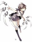  1girl ahoge blade breasts brown_hair hijiri_(resetter) kneehighs knife leaning_forward original outstretched_arm pleated_skirt school_uniform short_hair simple_background skirt socks solo weapon white_background yellow_eyes 