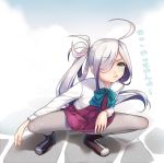  1girl ahoge asashimo_(kantai_collection) hair_over_one_eye highres kantai_collection long_hair pantyhose ponytail school_uniform silver_hair solo squatting translation_request youqiniang 