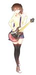  1girl alternate_costume arm_up black_legwear brown_eyes brown_hair ears full_body guitar hair_between_eyes hair_bobbles hair_ornament hand_in_pocket highres hoodie instrument kaga_(kantai_collection) kantai_collection kimio looking_to_the_side pleated_skirt shoes side_ponytail simple_background skirt sneakers solo thigh-highs white_background 