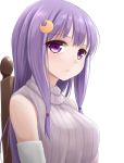  1girl alternate_costume chair crescent_hair_ornament hair_ornament long_hair looking_at_viewer patchouli_knowledge purple_hair simple_background sleeveless solo sweater tokugawa_landine touhou turtleneck upper_body violet_eyes white_background 