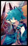  1boy blue_eyes blue_hair japanese_clothes male_focus ponytail rain sayo_samonji sword t_miyanagi tantou touken_ranbu weapon 