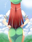  1girl ass beret blurry chinese_clothes clouds cloudy_sky depth_of_field from_behind hand_on_hip hat hong_meiling long_hair outdoors puffy_short_sleeves puffy_sleeves redhead shirt short_sleeves side_slit skirt skirt_set sky solo tamuhi tangzhuang touhou white_shirt 