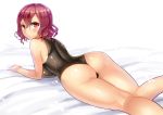  1girl ass breast_press breasts horikawa_raiko kazo large_breasts leg_up legs leotard looking_back lying on_bed on_stomach parted_lips red_eyes redhead shiny shiny_hair shiny_skin solo thighs touhou 