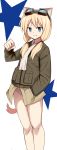  1girl animal_ears blonde_hair blue_eyes carla_j_luksic cat_ears glastonbury1966 goggles goggles_on_head grin hand_in_pocket long_hair long_sleeves low_twintails revision scarf smile solo star strike_witches twintails 