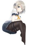  1girl aqua_eyes black_legwear blue_skirt blush breast_hold breasts crossed_arms full_body hair_ornament hair_over_one_eye hairclip hamakaze_(kantai_collection) highres kantai_collection leaning_forward light_smile looking_at_viewer ma-a miniskirt neckerchief panties panties_under_pantyhose pantyhose pantyshot pantyshot_(sitting) pleated_skirt school_uniform serafuku short_hair short_sleeves silver_hair simple_background sitting skirt solo thighband_pantyhose underwear white_background white_panties 