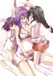  3girls alternate_hair_length alternate_hairstyle black_hair braid closed_eyes couple french_braid glasses hand_on_another&#039;s_face happy if_they_mated inaba_tewi long_hair multiple_girls pregnant purple_hair red_eyes reisen_udongein_inaba short_hair skirt thigh-highs touhou yohane yuri 