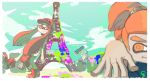  1girl 2boys commentary_request domino_mask eiffel_tower france inkling long_hair mask multiple_boys official_art orange_eyes orange_hair paint paint_roller paris real_world_location red_eyes redhead shoes sneakers splatoon tentacle_hair 