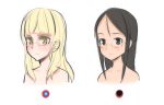  2girls amefre black_hair blonde_hair blush brown_eyes eyebrows glasses highres long_hair multiple_girls nude simple_background smile strike_witches suwa_amaki upper_body white_background yellow_eyes 