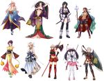  6+girls armor axe black_hair blonde_hair breasts brown_hair character_request copyright_request dark_skin game_cg highres japanese_armor japanese_clothes kimono long_hair multiple_girls pink_hair polearm purple_hair sandals skirt smile spear sword weapon white_background 