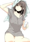  1girl beer_can breasts brown_hair highres looking_at_viewer nikotamu original shirt_only simple_background solo towel white_background 