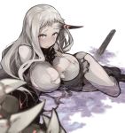  1girl blush breasts claws dress foreshortening horn kantai_collection large_breasts long_hair looking_at_viewer lying messy_hair on_side pinero red_eyes ribbed_dress sad seaport_hime shinkaisei-kan shirt short_dress sketch solo torn_clothes torn_shirt very_long_hair water white_hair 