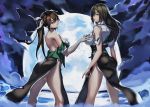  2girls absurdres ayasakinako~ bare_shoulders black_hair breast_grab breasts brown_eyes brown_hair chikuma_(kantai_collection) clouds cloudy_sky cowboy_shot from_behind from_side full_moon hair_ribbon highres kantai_collection large_breasts lips long_hair looking_at_viewer looking_back looking_to_the_side moon multiple_girls night night_sky no_panties nose off_shoulder open_mouth outdoors pelvic_curtain realistic ribbon shirt short_sleeves sky standing tone_(kantai_collection) torn_clothes torn_shirt twintails 