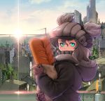  1girl alternate_costume aqua_eyes bag baguette bread bridge casual food freckles gloves grey_hair hat hooded_jacket kantai_collection looking_at_viewer meiz paper_bag red_pupils solo sunrise wo-class_aircraft_carrier 