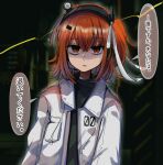  1girl a.i._voice adachi_rei bags_under_eyes black_shirt blurry blurry_background commentary_request crossed_bangs dark_background hair_ribbon headlamp headset highres jacket kototsuki_(kototuki96) looking_at_viewer medium_hair microphone one_side_up open_clothes open_jacket orange_hair outline parted_lips radio_antenna ribbon shirt solo straight-on translation_request turtleneck upper_body utau white_jacket white_ribbon 