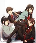  4boys ^_^ aqua_eyes black_hair black_legwear blue_eyes boots bridal_gauntlets brown_hair closed_eyes haori high_heel_boots high_heels high_ponytail horikawa_kunihiro izumi-no-kami_kanesada japanese_clothes kashuu_kiyomitsu long_hair male_focus mole mole_under_eye mole_under_mouth multiple_boys nail_polish parted_lips red_eyes red_nails sandals shinsengumi short_hair socks sweat tears touken_ranbu v very_long_hair yamato-no-kami_yasusada yugake_(mrnmrm) zouri 