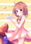  brown_eyes brown_hair cake dress food fruit hair_ornament hairclip llks_(aleatory) long_hair original oversized_object plate smile strap_slip strawberry tongue twintails 