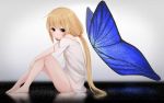  1girl barefoot blonde_hair blush bottomless butterfly_wings futaba_anzu idolmaster idolmaster_cinderella_girls long_hair ratsuku_kinoko red_eyes sitting solo twintails wings 