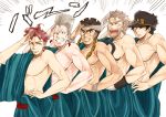  beard black_hair blue_eyes brown_eyes closed_eyes earrings embarrassed emphasis_lines facial_hair grey_hair hat headband height_difference jean_pierre_polnareff jewelry jojo_no_kimyou_na_bouken joseph_joestar kakyouin_noriaki kuujou_joutarou lineup mohammed_avdol one_eye_closed open_mouth redhead ritoru salute smile 