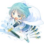  1girl armband blue_eyes blue_hair cape character_name chibi gloves hair_ornament hairclip highres luo_er magical_girl mahou_shoujo_madoka_magica mahou_shoujo_madoka_magica_movie miki_sayaka multiple_swords open_mouth short_hair solo sword thigh-highs weapon white_background zettai_ryouiki 