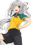  1girl ahoge asashimo_(kantai_collection) cosplay crossdressinging hair_over_one_eye hita_(hitapita) inazuma_eleven inazuma_eleven_(series) kantai_collection kazemaru_ichirouta kazemaru_ichirouta_(cosplay) long_hair open_mouth ponytail raimon raimon_soccer_uniform silver_hair smile soccer_uniform solo sportswear 