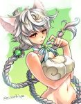 1girl animal_ears braid breast_hold breasts cat_ears cleavage_cutout flat_gaze from_side kantai_collection kemonomimi_mode large_breasts long_hair looking_at_viewer midriff neck_ribbon off_shoulder ribbon silver_hair single_braid solo unryuu_(kantai_collection) upper_body very_long_hair yellow_eyes 