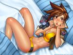  2girls absurdres amelie_lacroix bed bomber_jacket breasts brown_hair cleavage doll earrings highres jewelry lena_oxton lips looking_at_viewer multiple_girls navel overwatch pillow pout ronindude short_hair thighs tracer_(overwatch) widowmaker_(overwatch) zipper 