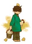  1boy ahoge barefoot bird brown_eyes brown_hair brown_pants chicken green_shirt hair_over_one_eye jitome looking_at_viewer male_focus original oversized_clothes pointy_ears rooster satsumai shirt simple_background solo 