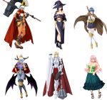  armor axe blue_hair breasts cape character_request copyright_request demon_girl demon_wings hat horns long_hair monster_girl multiple_girls pink_hair sandals skirt weapon wings witch witch_hat wizard_hat 