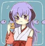  1girl :t chokopen cream_puff detached_sleeves eating hanyuu higurashi_no_naku_koro_ni horns japanese_clothes long_hair miko purple_hair ribbon-trimmed_sleeves ribbon_trim sheep violet_eyes 