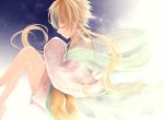  barefoot blonde_hair closed_eyes jirachi kurokarasu multicolored_hair personification pokemon profile sky solo star_(sky) starry_sky 