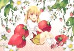  1girl :d bangs blonde_hair blunt_bangs blurry blush brown_eyes depth_of_field eyebrows eyebrows_visible_through_hair floral_background food fruit full_body gradient gradient_background hair_ornament hairclip holding holding_fruit kneehighs kousetsu long_hair looking_at_viewer miniskirt open_mouth oversized_object pleated_skirt red_shoes rosetta rune_factory rune_factory_1 rune_factory_frontier shoe_soles shoes skirt smile solo strawberry triangle white_flower white_legwear yellow_skirt 