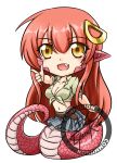  1girl :d blackgeneride breasts chibi cleavage fang full_body hair_ornament hairclip highres lamia long_hair miia_(monster_musume) monster_girl monster_musume_no_iru_nichijou navel open_mouth pointing pointy_ears redhead scales shirt signature simple_background skirt slit_pupils smile solo tied_shirt white_background yellow_eyes 